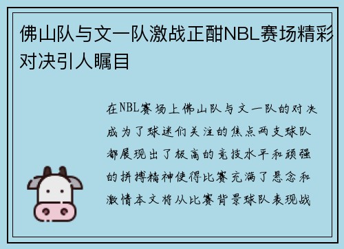 佛山队与文一队激战正酣NBL赛场精彩对决引人瞩目
